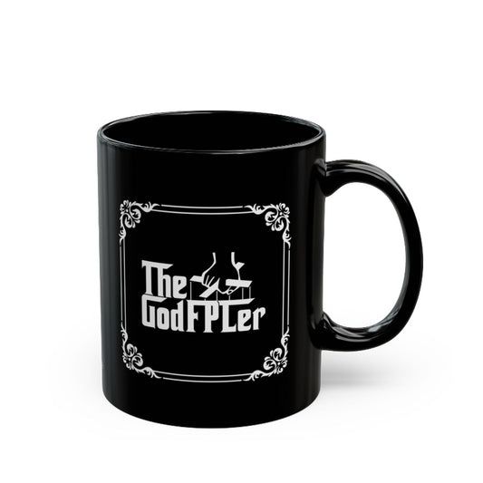 Black mug with 'The GodFPLer' text on a white background
