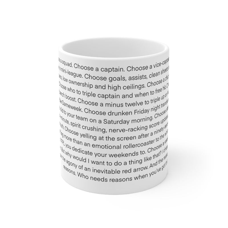 White mug with black text on a white background