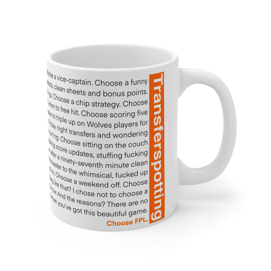 Mug with text and Transferspotting logo on a white background