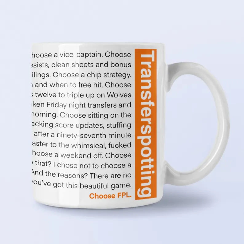 White FPL mug with Transferspotting monologue design inspired by Trainspotting