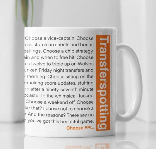 White FPL mug with Transferspotting monologue design inspired by Trainspotting