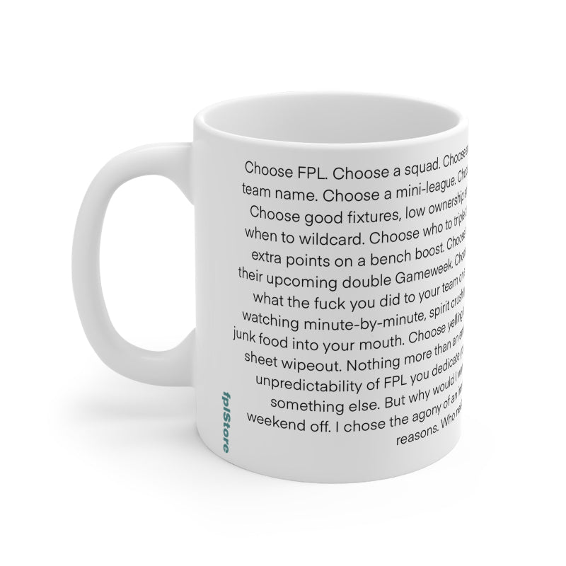 White mug with text on a white background