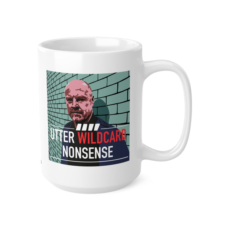 White mug with a graphic of a person against a brick wall and text on a white background
