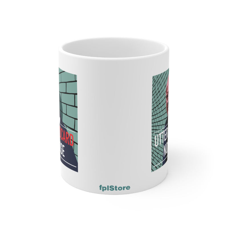 White mug with graphic design and branding on a white background