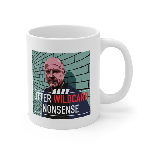 White mug with a graphic design featuring a person in a blue shirt with text and a brick wall background.