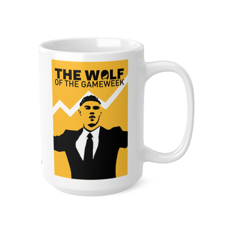 White mug with a graphic of a man in a suit and tie on a yellow background, with text 'The Wolf of the Gameweek'.
