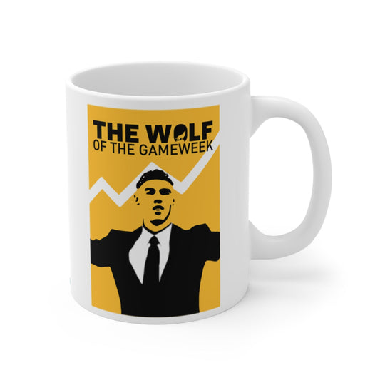 Mug with 'The Wolf of the Gameweek' design featuring a person in a suit on a yellow background.