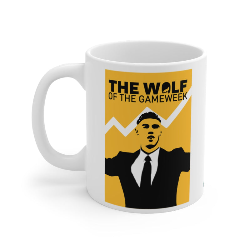 Mug with 'The Wolf of the Gameweek' design featuring a person in a suit on a yellow background.