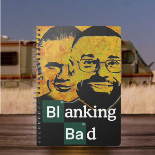 Notebook with 'Blanking Bad' design featuring two faces on a desert background