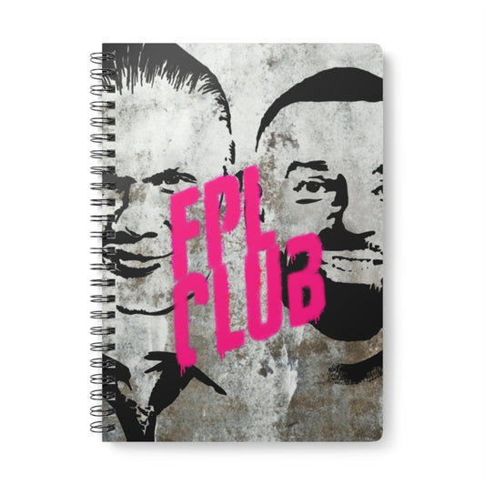 Notebook with stylized faces and 'FPL Club' text on a textured background