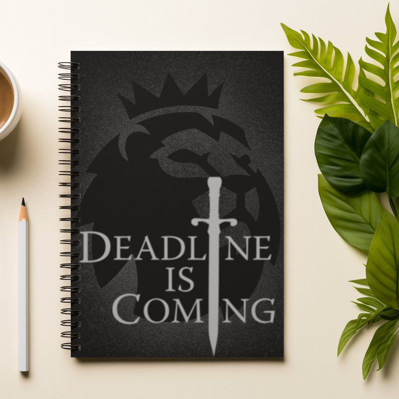 Notebook with 'Deadline is Coming' design, pencil, coffee cup, and leaves on a light surface