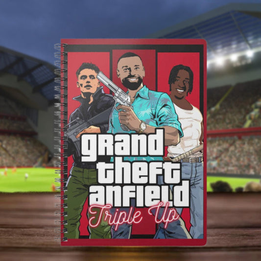 Notebook with 'Grand Theft Anfield Triple Up' design on a football stadium background