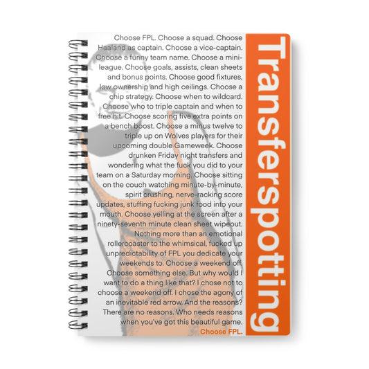 Notebook with text and 'Transferspotting' cover on a white background