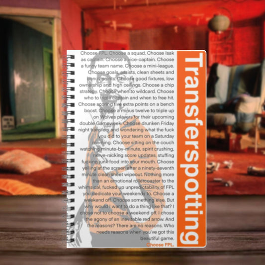 Notebook with 'Transferspotting' branding on a blurred indoor background