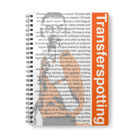 Notebook with text and 'Transferspotting' design on a white background