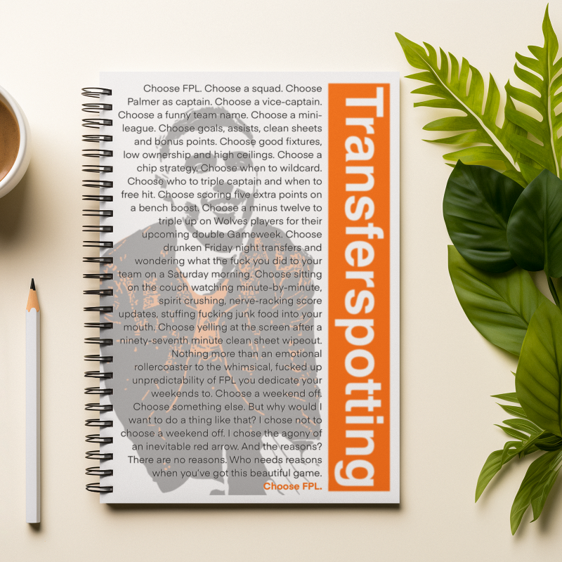 Notebook with 'Transferspotting' branding, a cup of coffee, and green leaves on a light surface.
