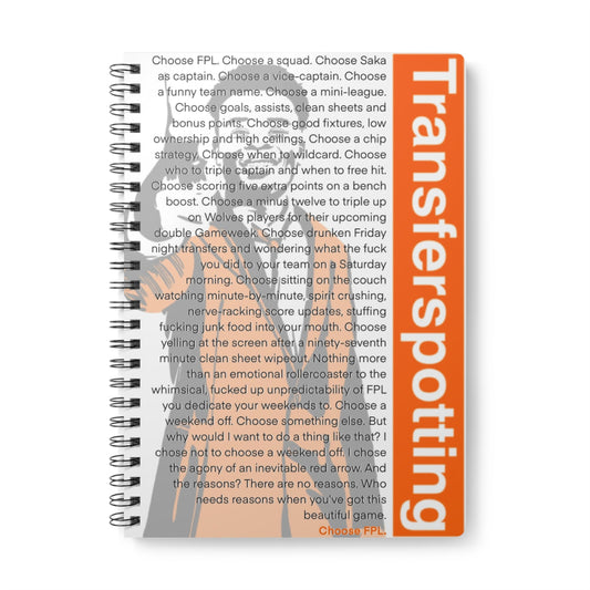 Notebook with text and 'Transferspotting' cover on a white background