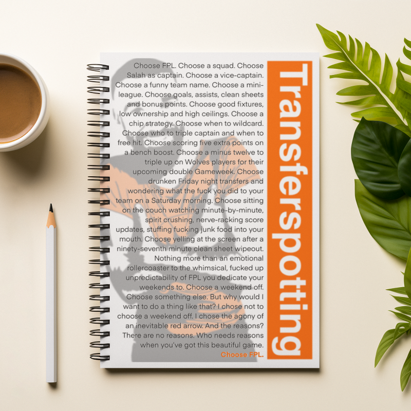 Open book with 'Transferspotting' on a table with a cup of coffee and leaves