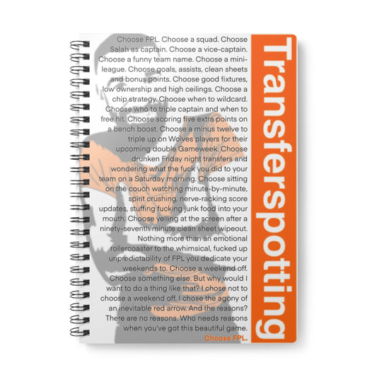 Notebook with text and Mo Salah, featuring the logo 'Transferspotting'.