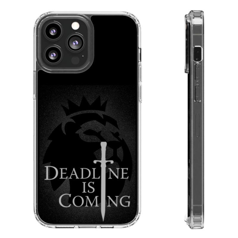 Phone case with a sword design and text 'Deadline is Coming' on a black background
