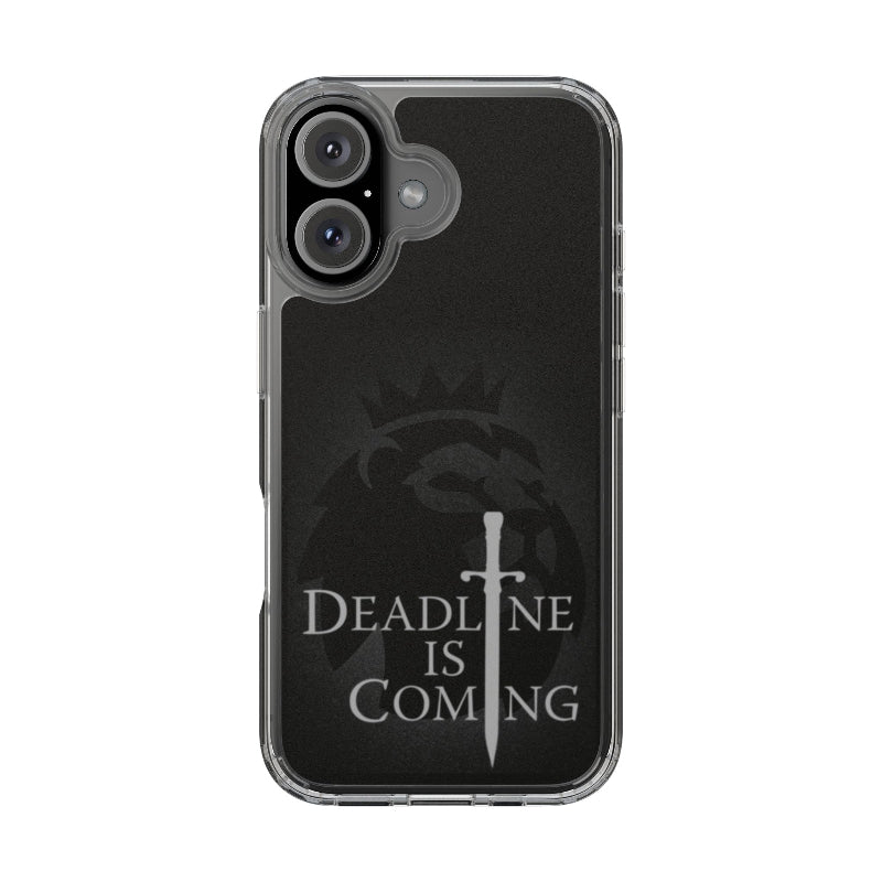 Phone case with 'Deadline is Coming' text and cross design on a black background