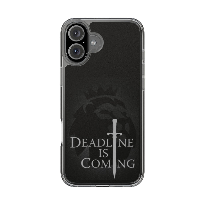 Phone case with 'Deadline is Coming' text and a sword symbol on a black background
