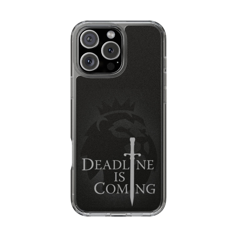 Phone case with 'Deadline is Coming' text and sword design on a black background