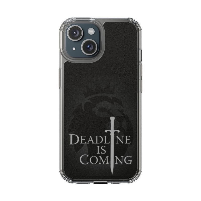 Phone case with 'Deadline is Coming' text and a sword symbol on a black background