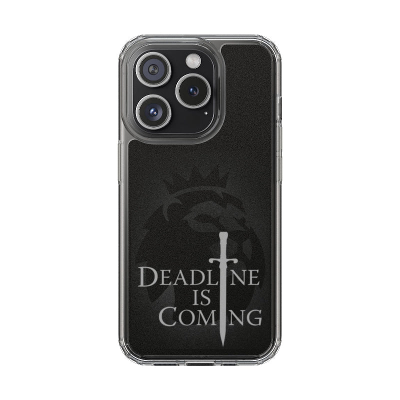 Phone case with 'Deadline is Coming' text and sword design on a black background