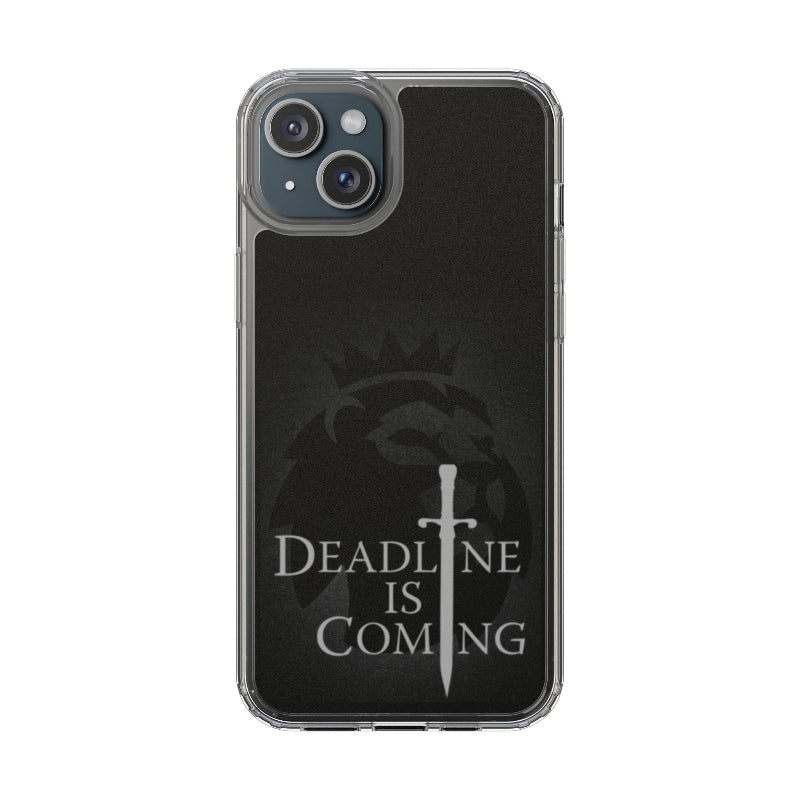 Phone case with 'Deadline is Coming' text and sword design on a black background