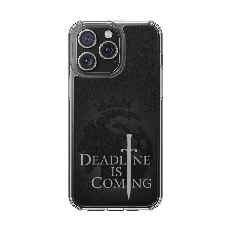 Phone case with 'Deadline is Coming' text and a sword symbol on a black background