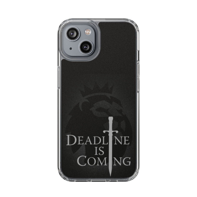 Phone case with 'Deadline is Coming' text and sword design on a black background