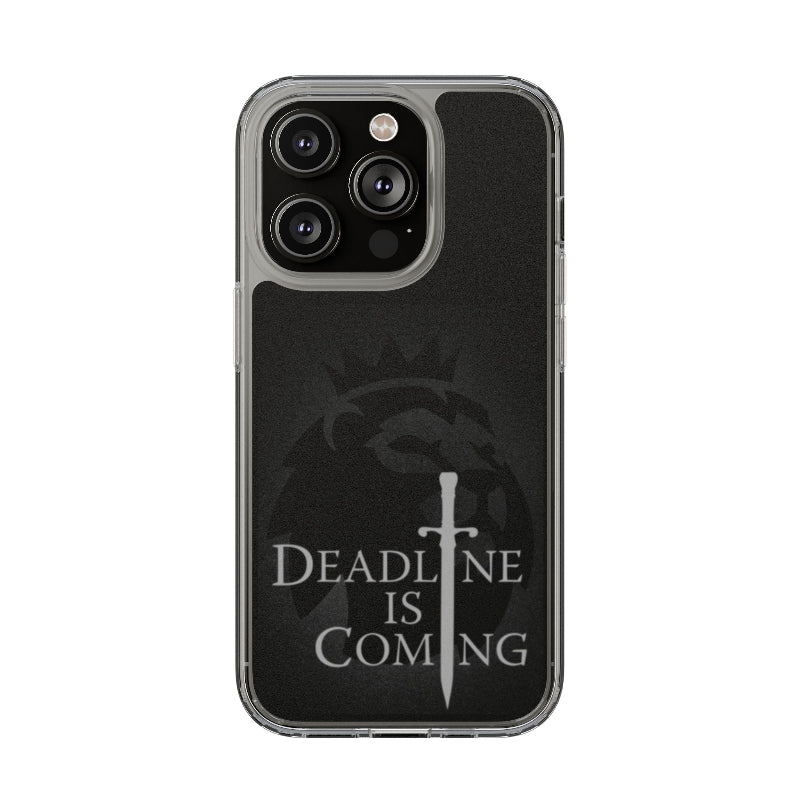 Phone case with 'Deadline is Coming' text and sword design on a black background