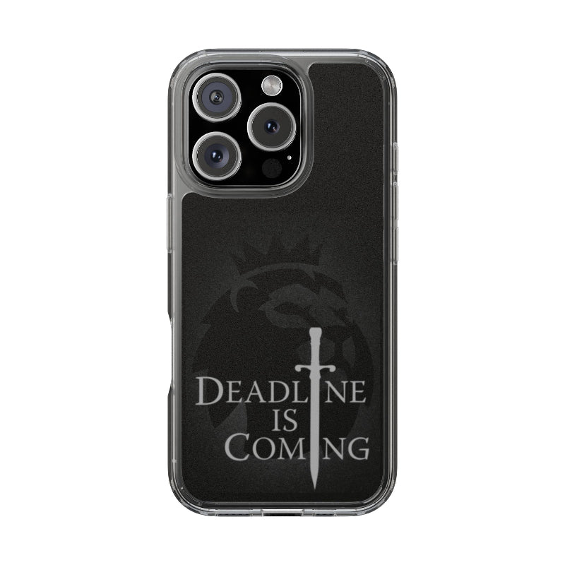 Phone case with 'Deadline is Coming' text and sword design on a black background
