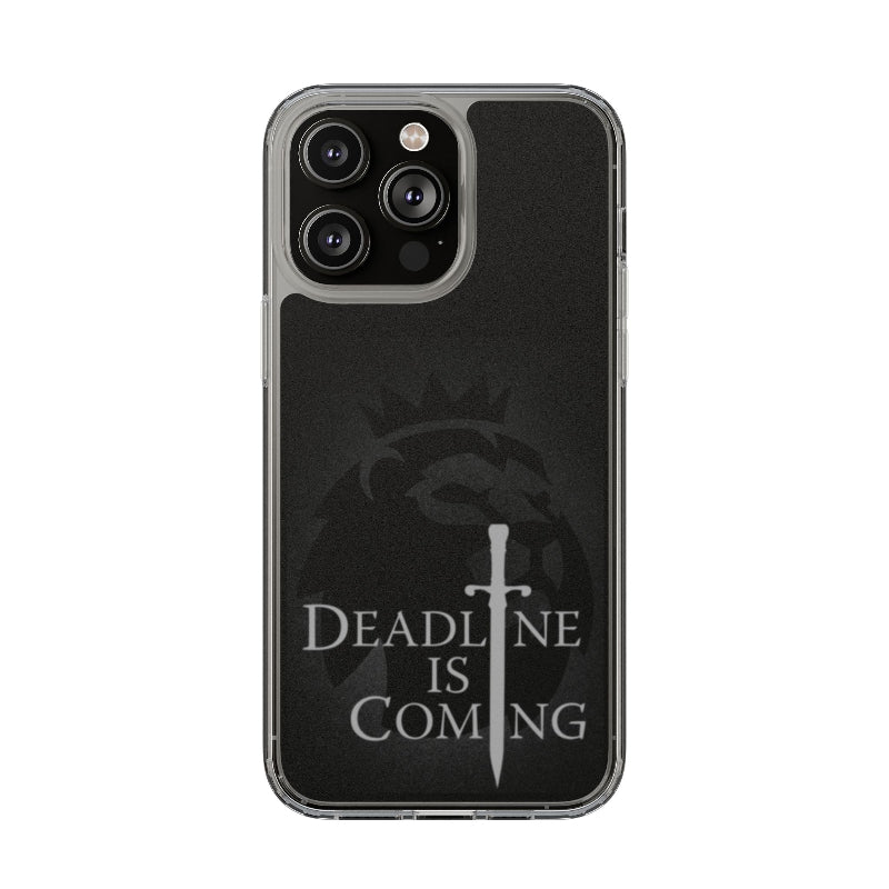 Phone case with 'Deadline is Coming' text and sword design on a black background