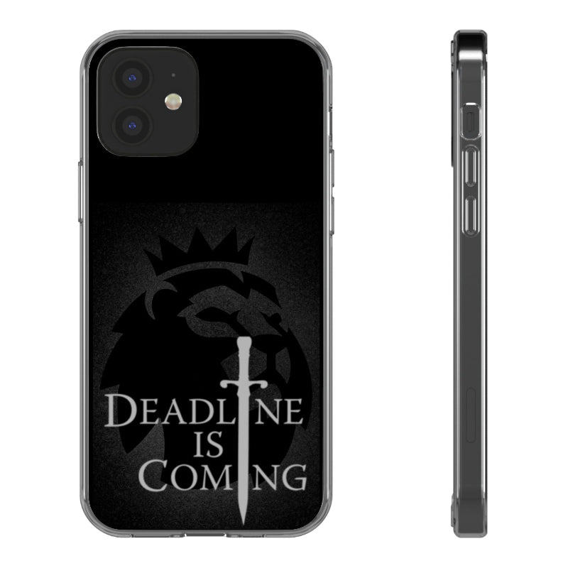 Phone case with a dragon design and 'Deadline is Coming' text on a black background