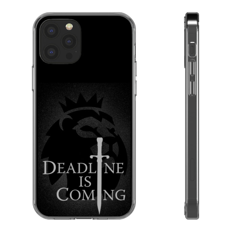 Phone case with a dragon design and 'Deadline is Coming' text on a black background
