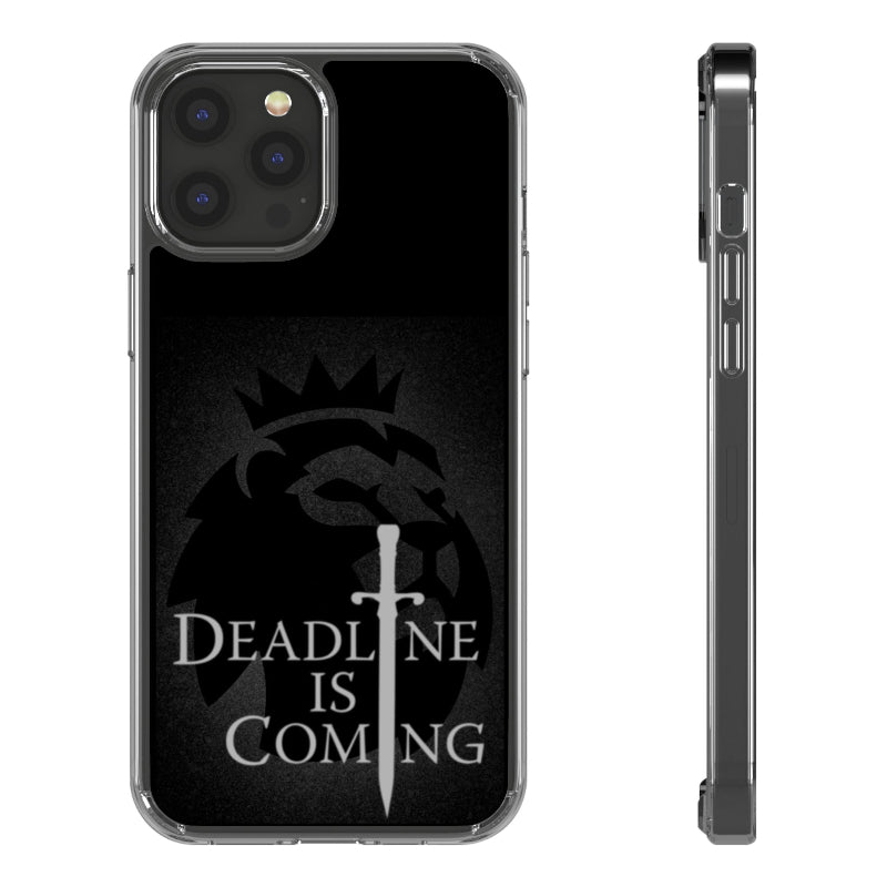 Phone case with a design and the text 'Deadline is Coming' on a black background.