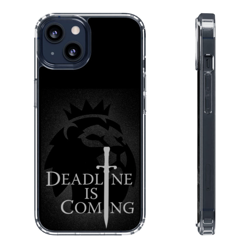 Phone case with a design and text 'DEADLINE IS COMING' on a black background