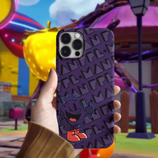 Phone case with character design held in front of a colorful playground background