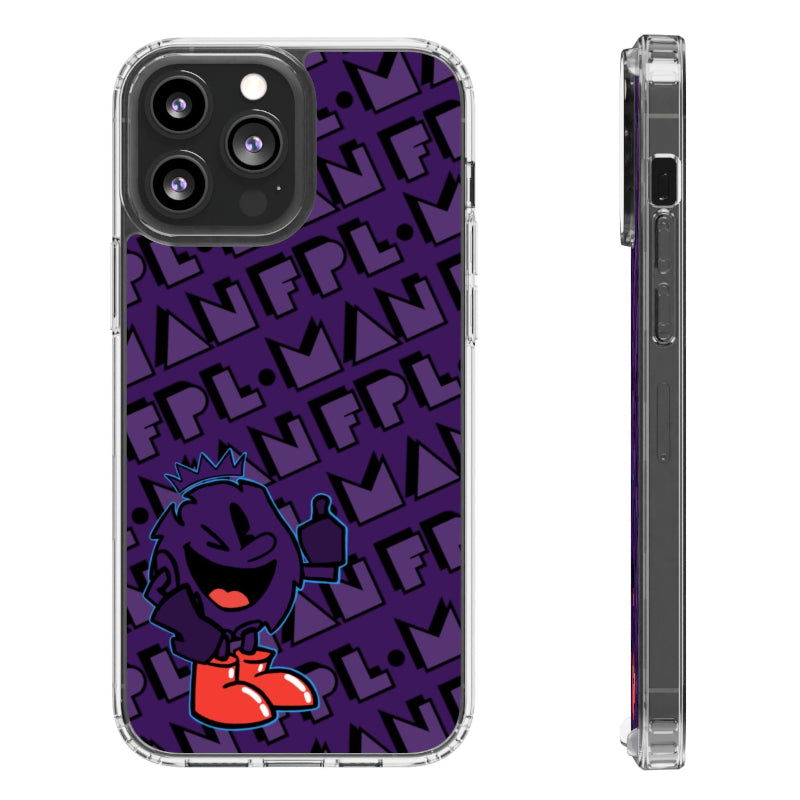 Phone case with a character design on a purple background