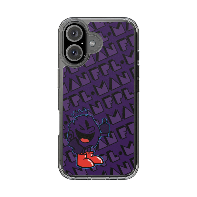 Phone case with a purple pattern and cartoon character on a white background