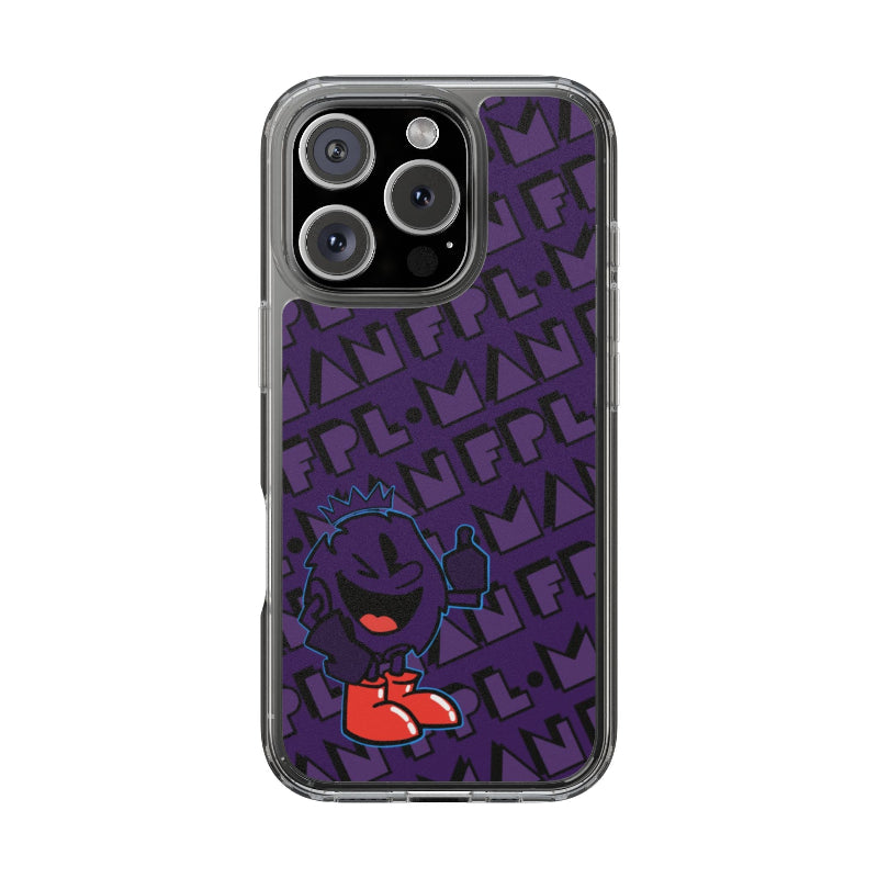 Phone case with a purple background and black text pattern, featuring a cartoon character in red shoes.