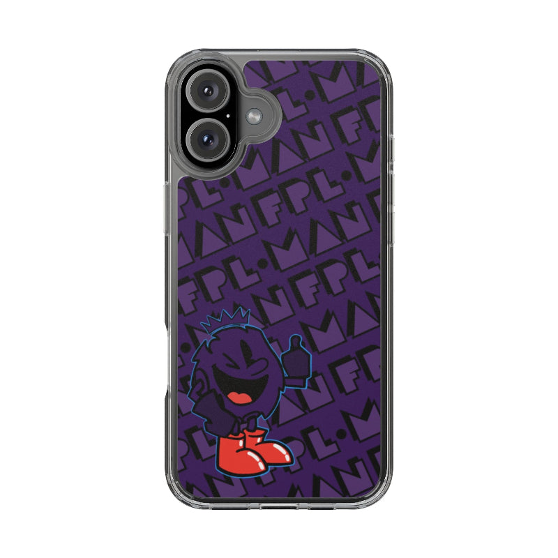Phone case with a purple and black pattern and a cartoon character on a white background