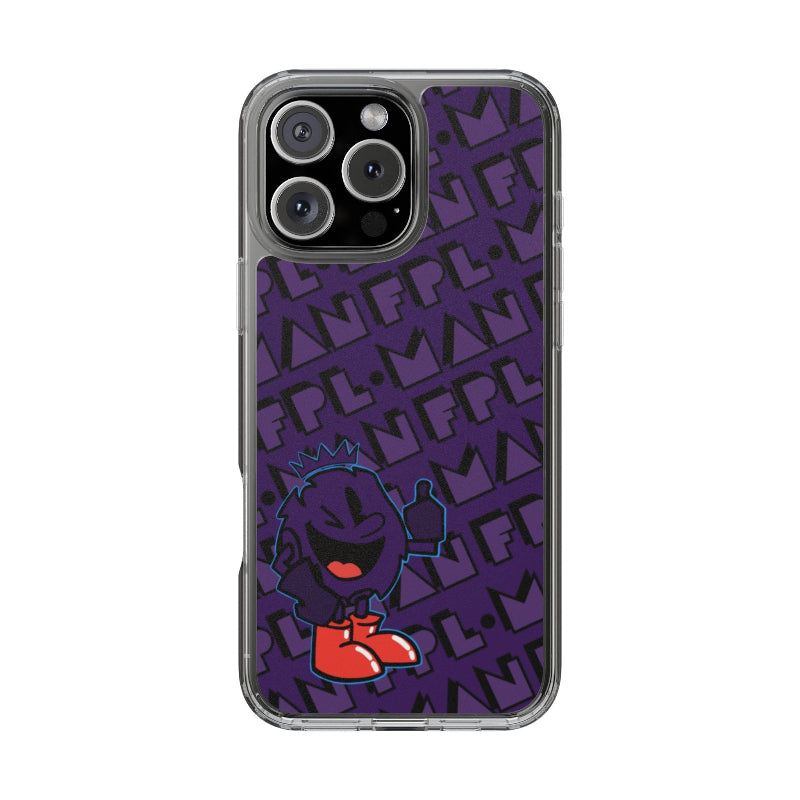 Phone case with a purple background and black text pattern, featuring a cartoon character in red shoes.