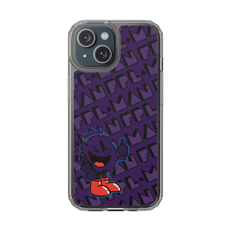 Phone case with a purple background and cartoon character on a white background
