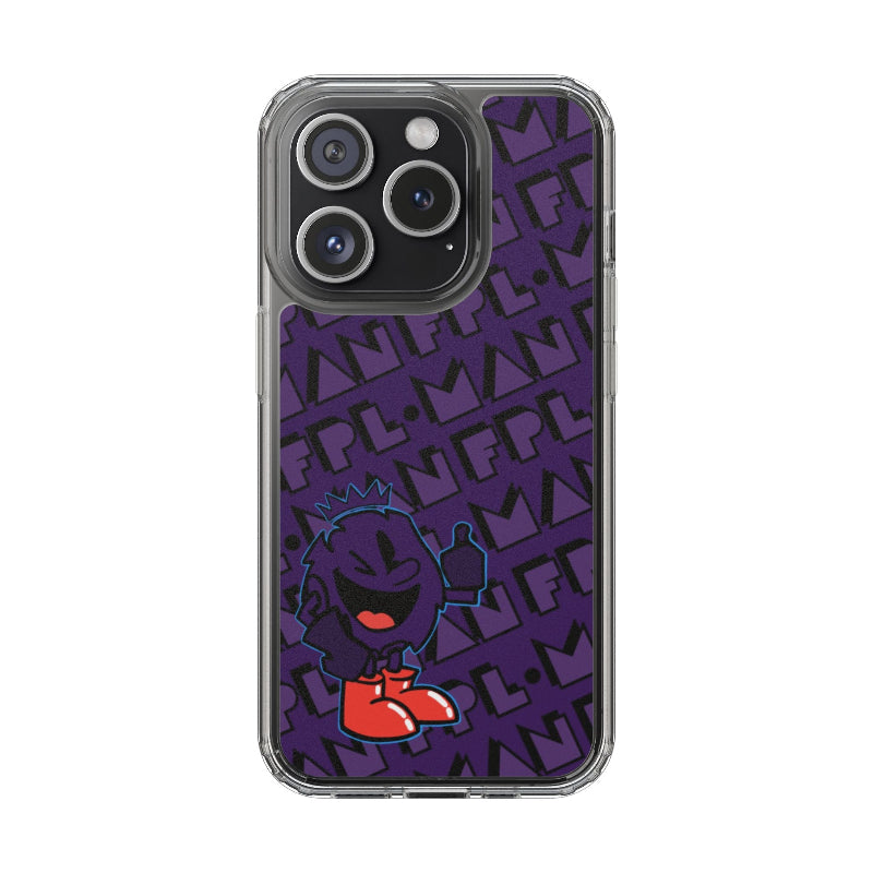 Phone case with a purple pattern and cartoon character on a white background