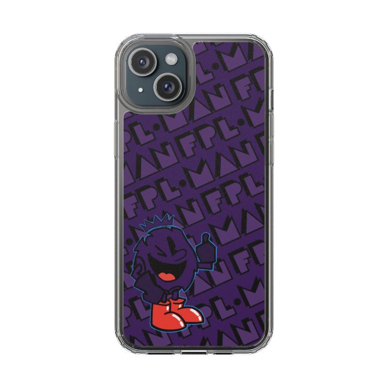 Phone case with a purple pattern and cartoon character on a white background