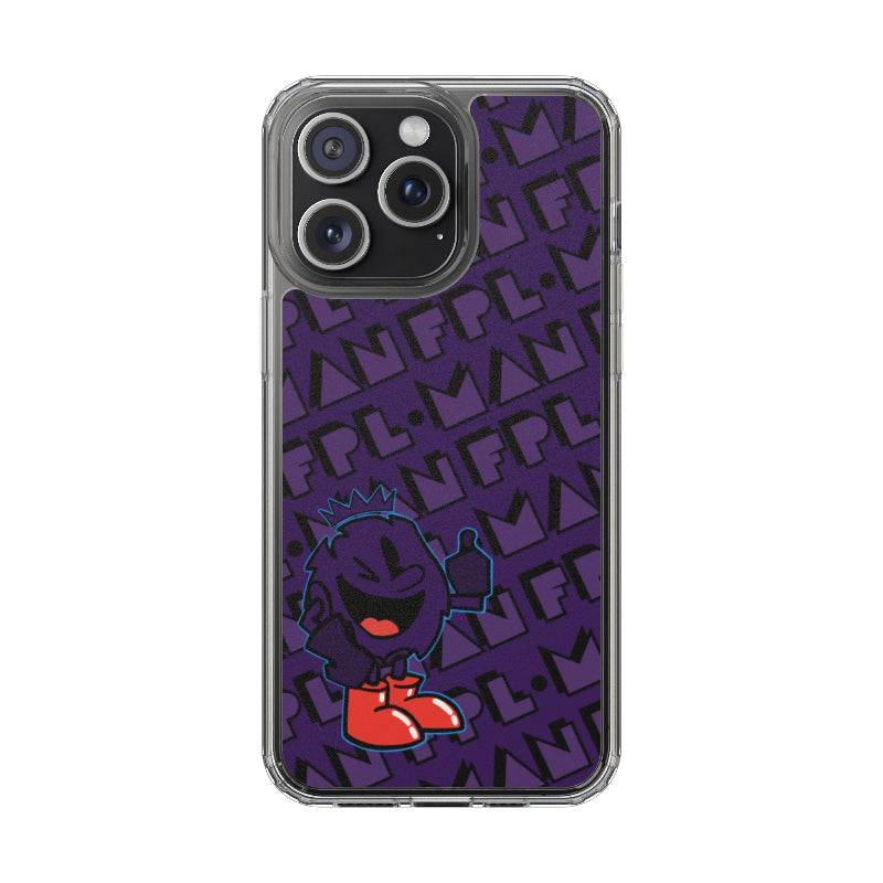 Phone case with a purple background, black text pattern, and cartoon character on a white background