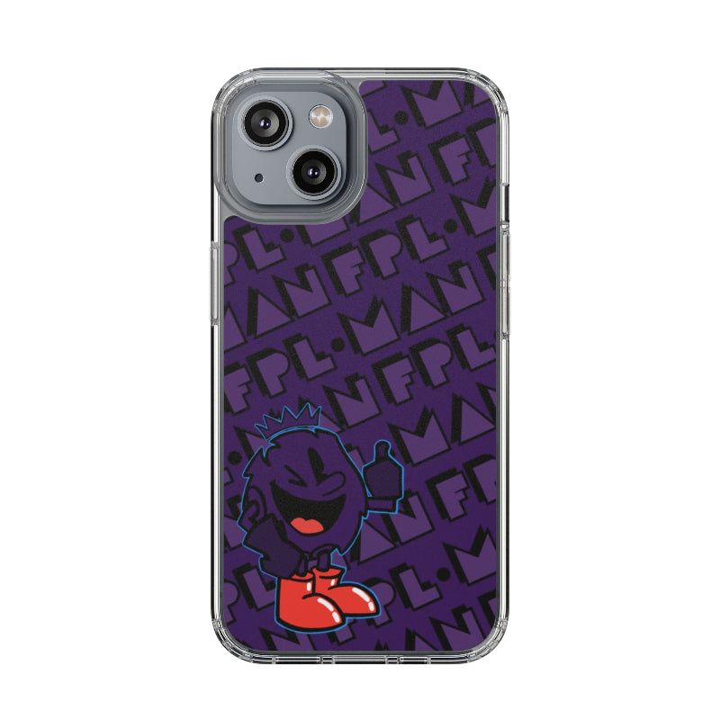 Phone case with a character design on a purple background with text